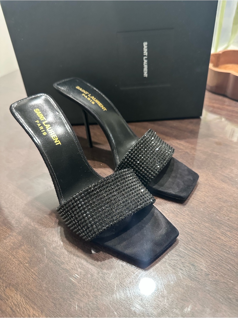 Saint Laurent Black Crystal-Embellished Slide Heels